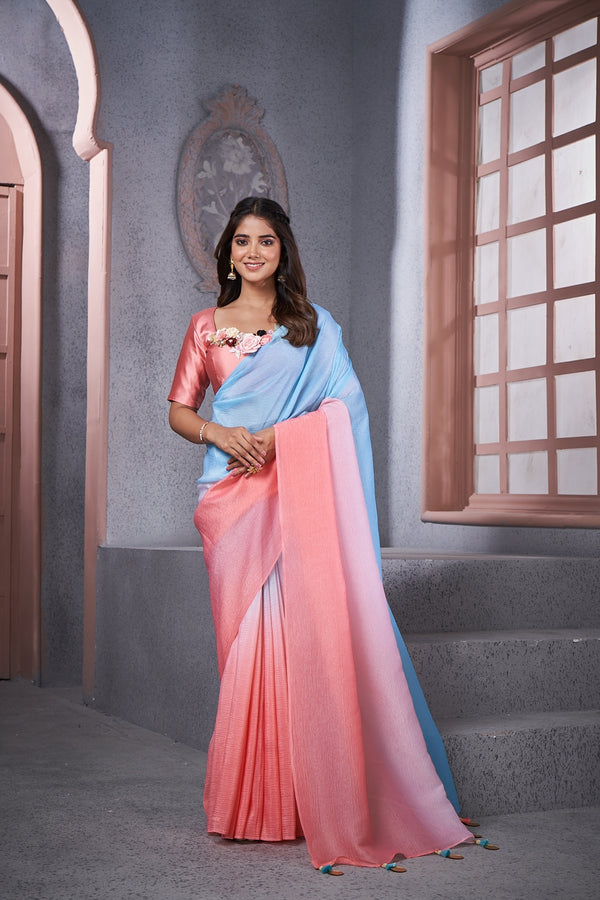 Trendy Yellow and Blue Shade Saree with Acrylic Tassel Accents